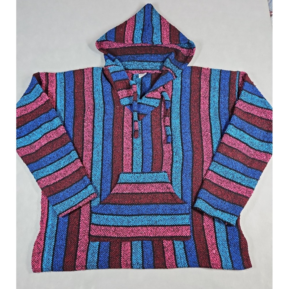 Mens Mexican Multicolor Striped Woven Baja Hoodie Kangaroo Pocket Size XL